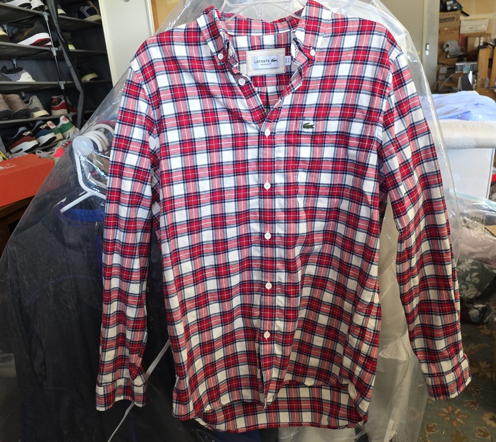 Lacoste Red and White Plaid Button-Down Shirt
